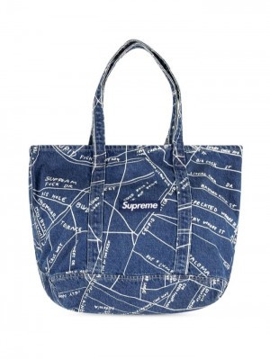 Bolso Tote Supreme Gonz Map Denim Hombre Azules Colombia | W9Q-89329