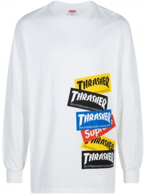 Camisetas Supreme X Thrasher Multi Logo "White" Hombre Blancas Colombia | F8G-49488