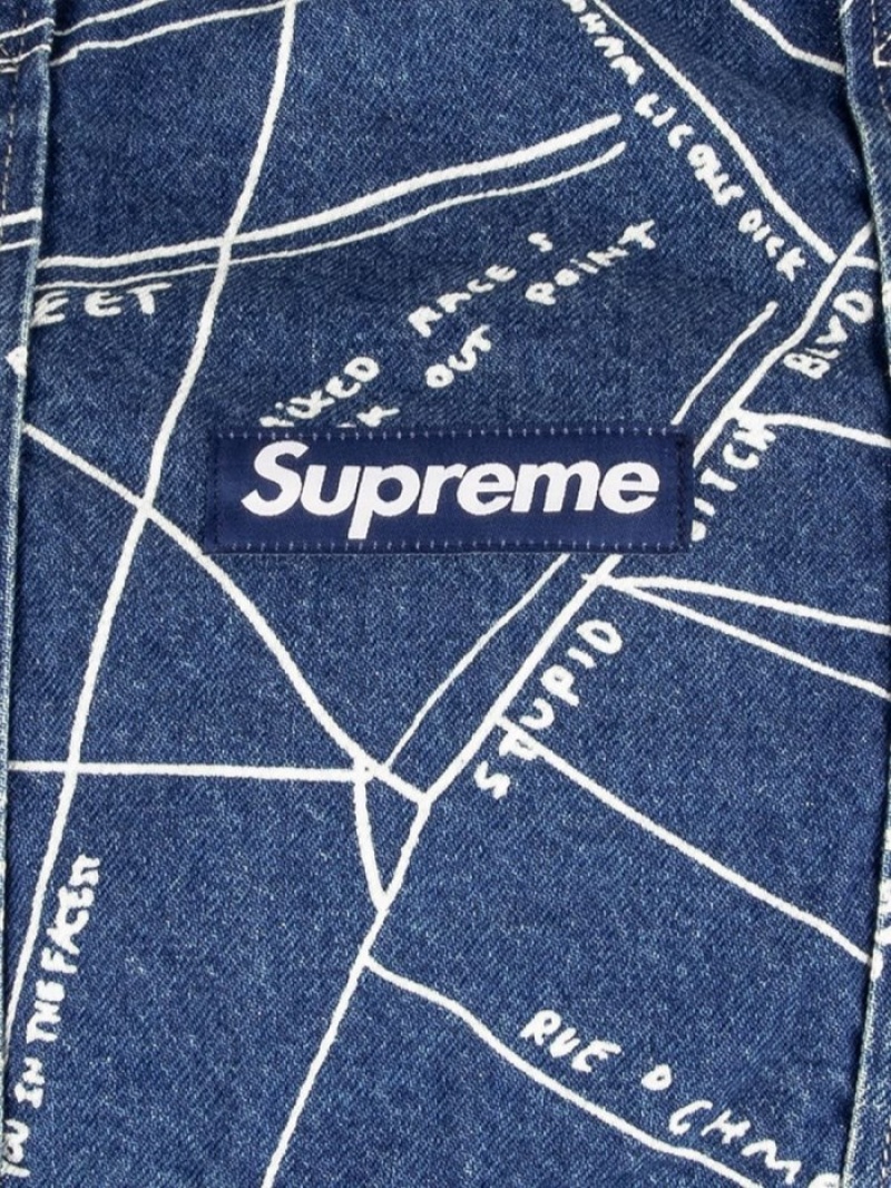 Bolso Tote Supreme Gonz Map Denim Hombre Azules Colombia | W9Q-89329