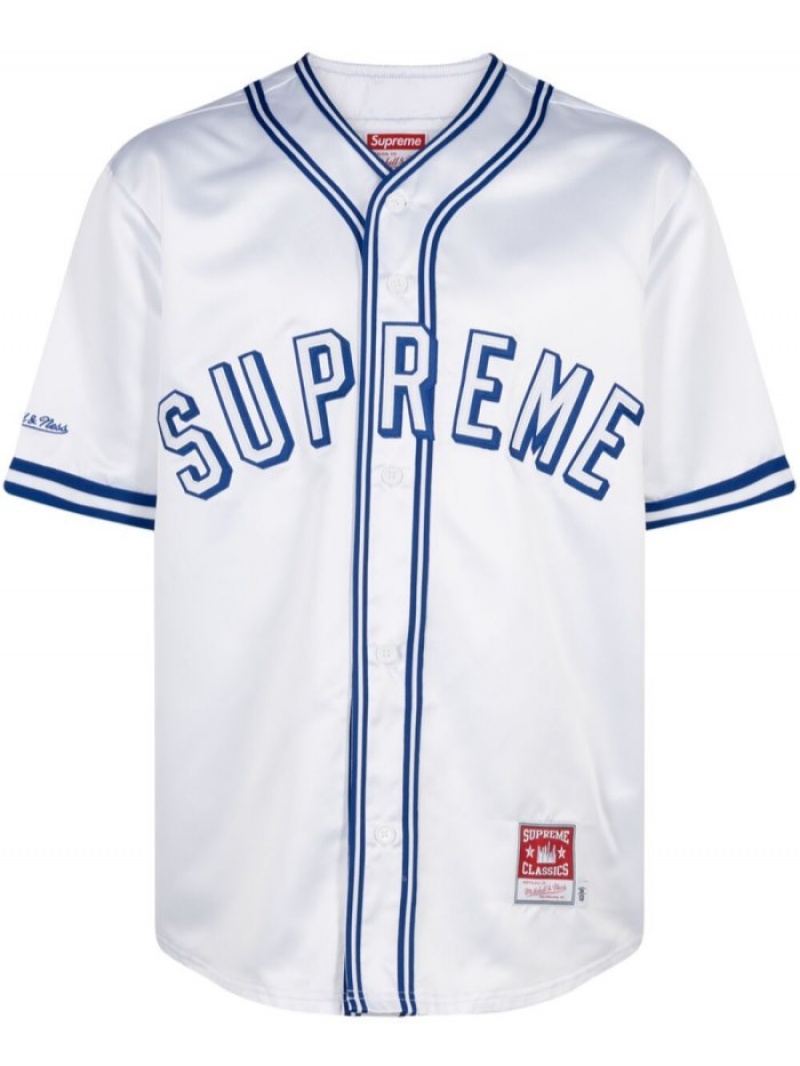 Camisetas Supreme Mitchell & Ness Satin Baseball Jersey Hombre Blancas Azules Colombia | P2Z-60876